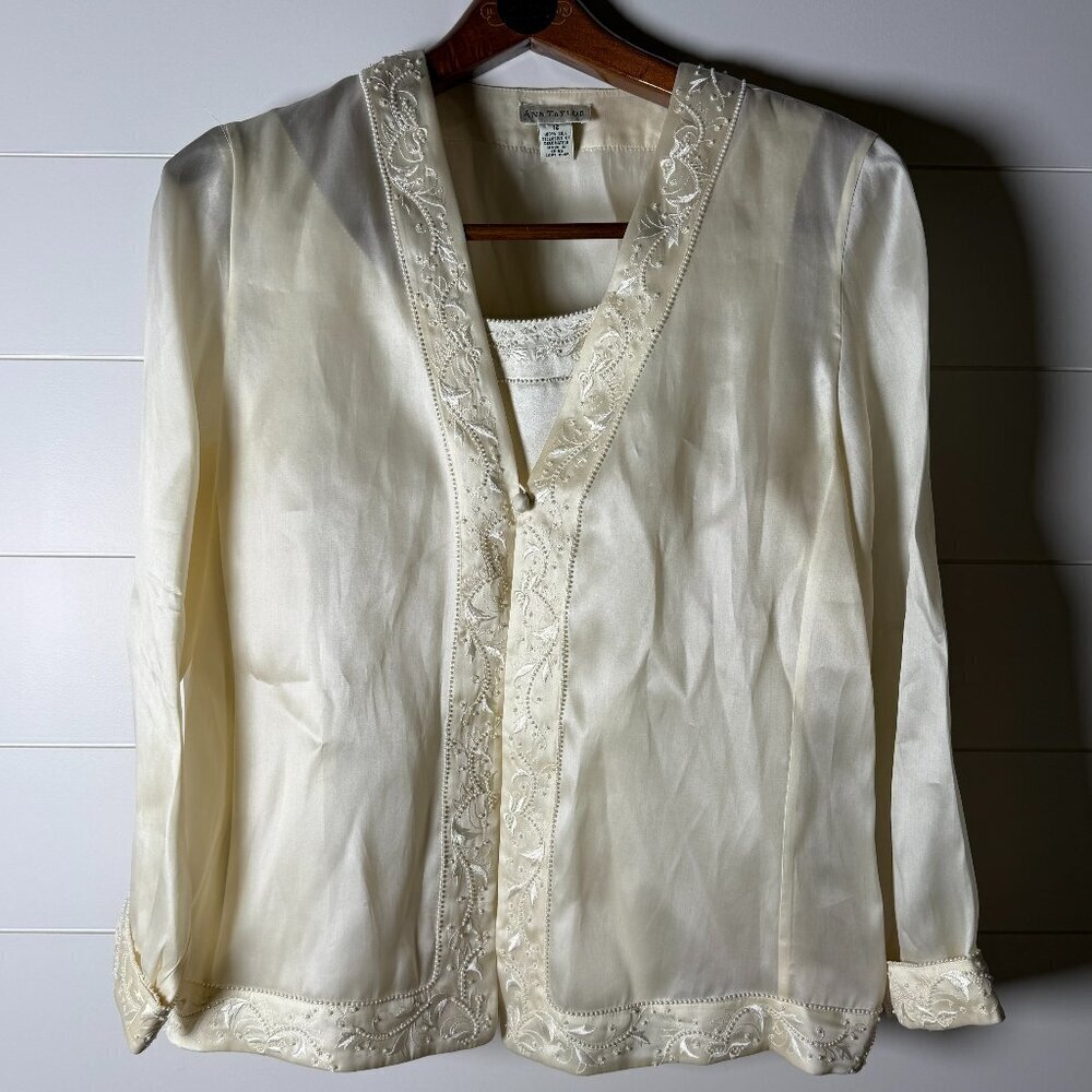 Ann Taylor Silk Ivory w/ Embellishments Shantung Jacket Sz 12/Tank Sz 10 Set